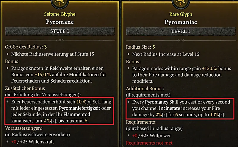 Diablo 4 Übersetzungsfehler Glyphe "Pyromane"