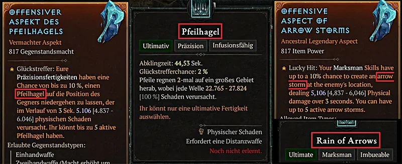 Diablo 4 Übersetzungsfehler Offensiver Aspekt des Pfeilhagels