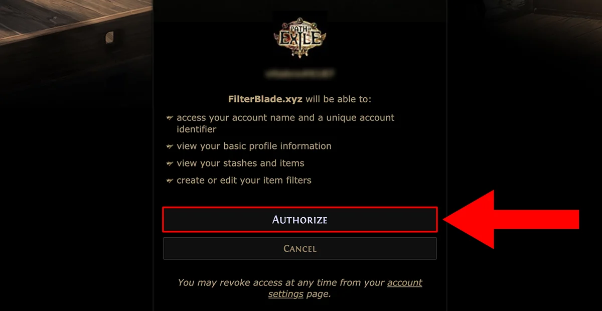 Filterblade Lootfilter Tutorial 03 Authorisieren