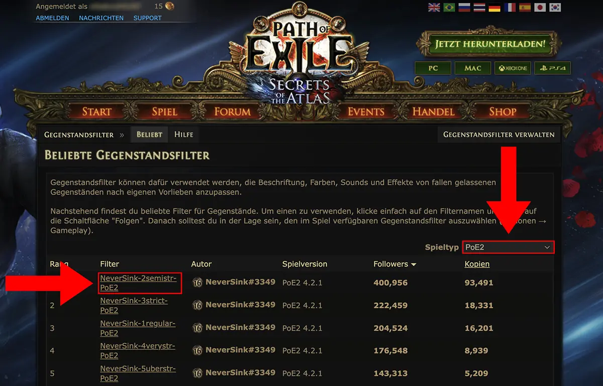 PoE 2 Lootfilter Guide Schritt 5: Filter wählen