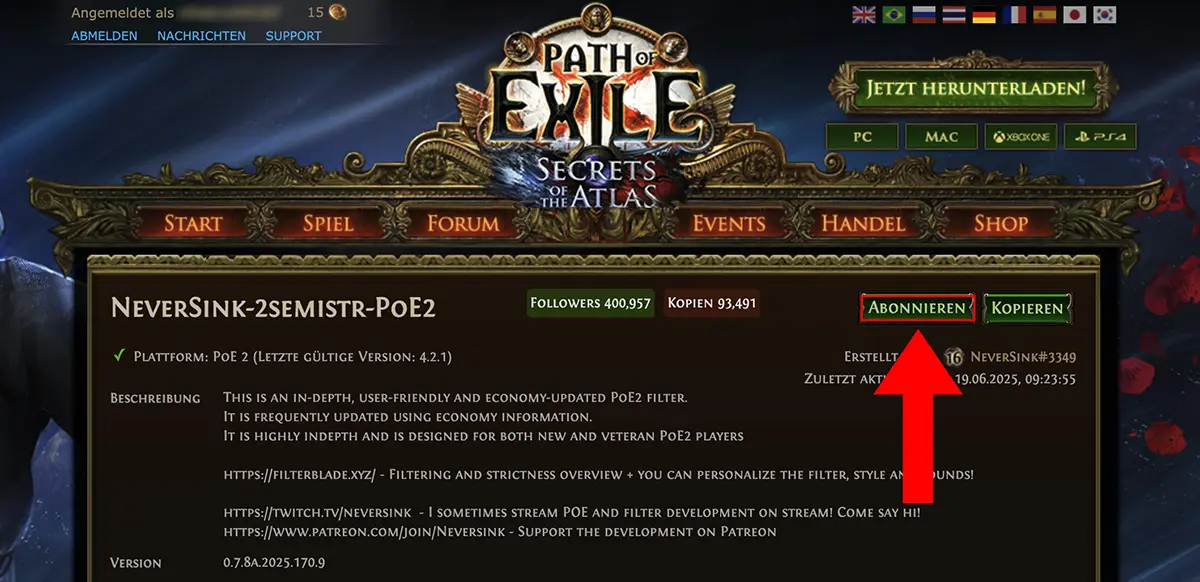 PoE 2 Lootfilter Guide Schritt 6: Filter abonnieren