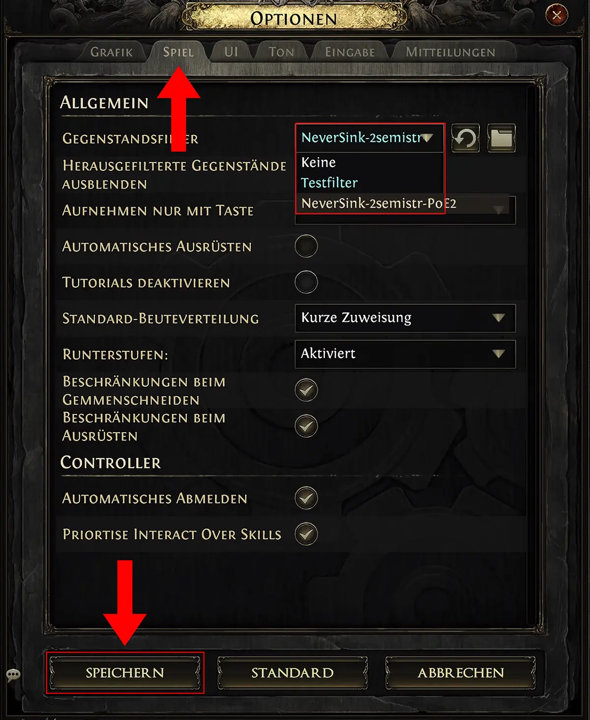 PoE 2 Lootfilter Guide Schritt 8: Lootfilter ingame aktivieren